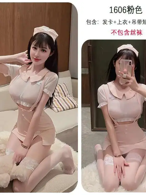 Long Night Long Sexy Nurse Uniform cosplay Short sleeves Sweet Set Hollow out Passionate transparent charming dress elegant W31H