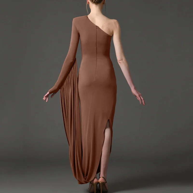 Sexy Bodycon Sloping Shoulder Long Sleeve Maxi Dress 2025 Autumn New Wrinkle Celebrity Evening Dresses Elegant Brithday Outfits
