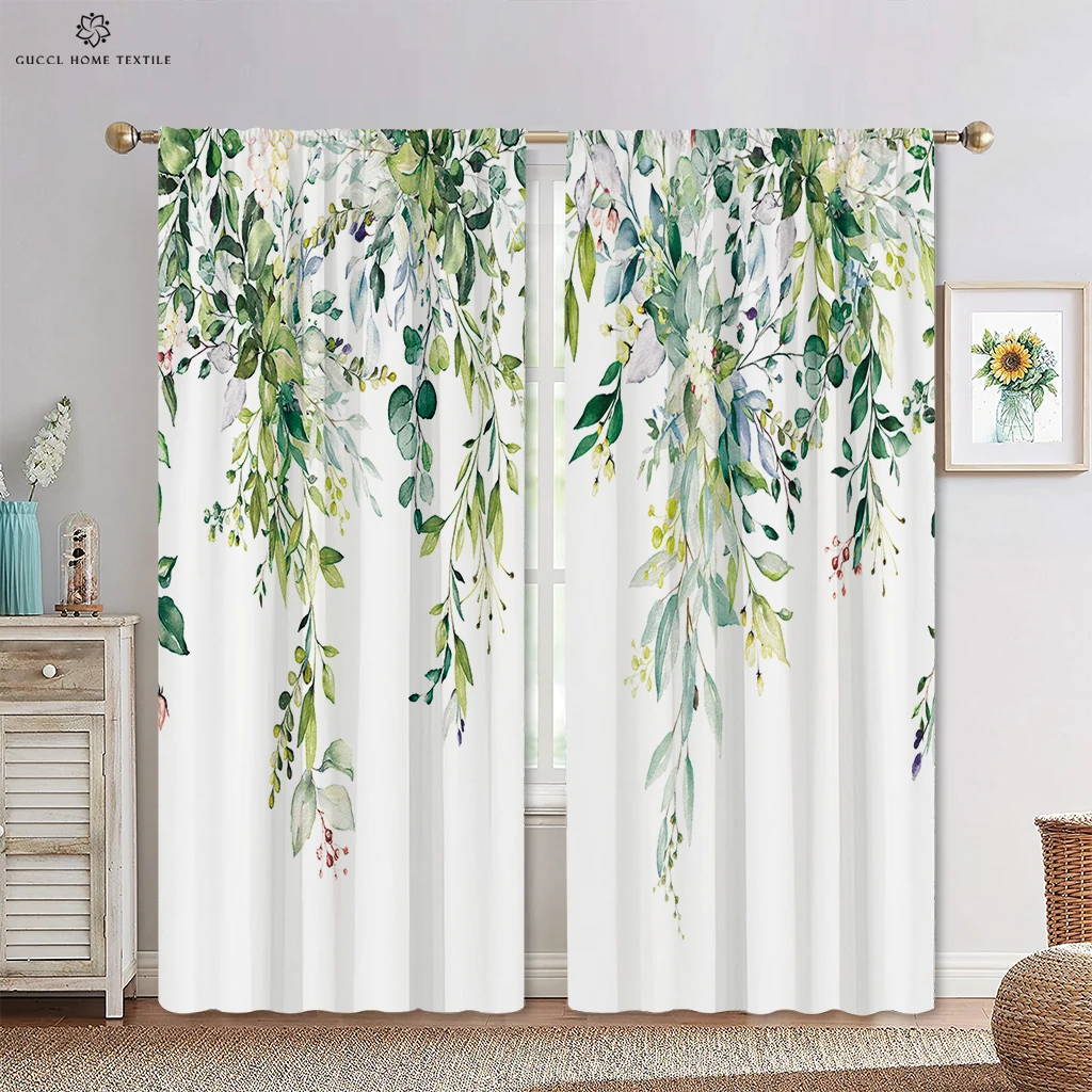 

Simple Floral Leaf Print Window Curtain, Rod Pocket, Suitable for Bedroom, Living Room, Outdoor Decoration, Can Be Customized