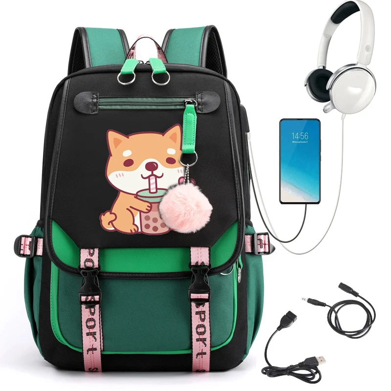 Cute Canvas Backpack para Adolescentes, Shiba Inu Dog Loves Bubble Tea, Student Schoolbag, Travel Backpack, Anime Bagpack, Fashion