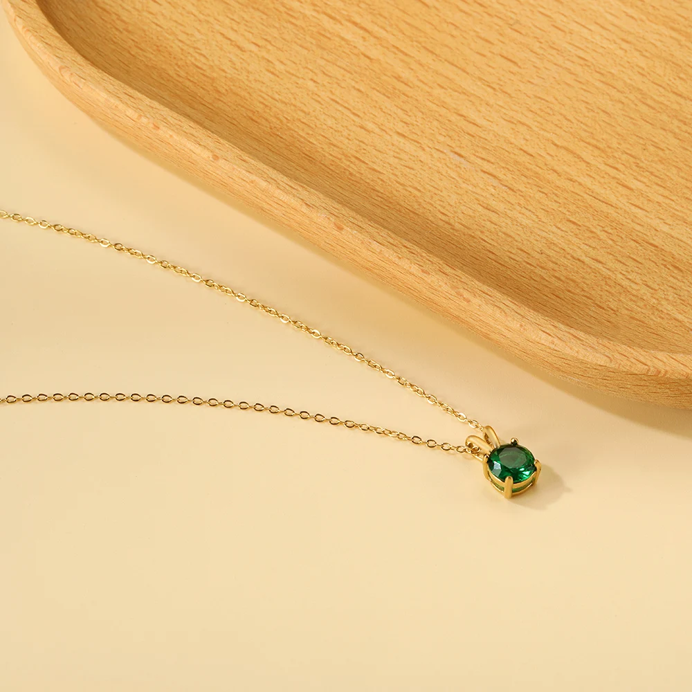 LUXUSTEEL Retro Colorful Round Crystal Pendant Necklace For Women Stainless Steel Rolo Chain Green White Red CZ
