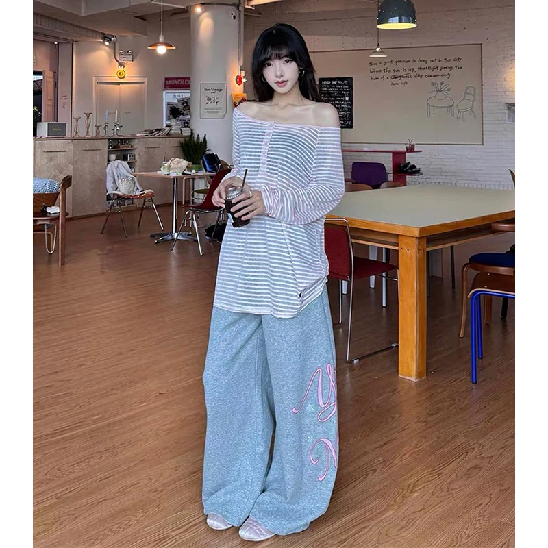 سراويل نسائية رمادية فضفاضة المظلة الخريف Sweatpants مع شريط مرن Harajuku اليابانية 2000s نمط Y2k خمر بنطلون الملابس