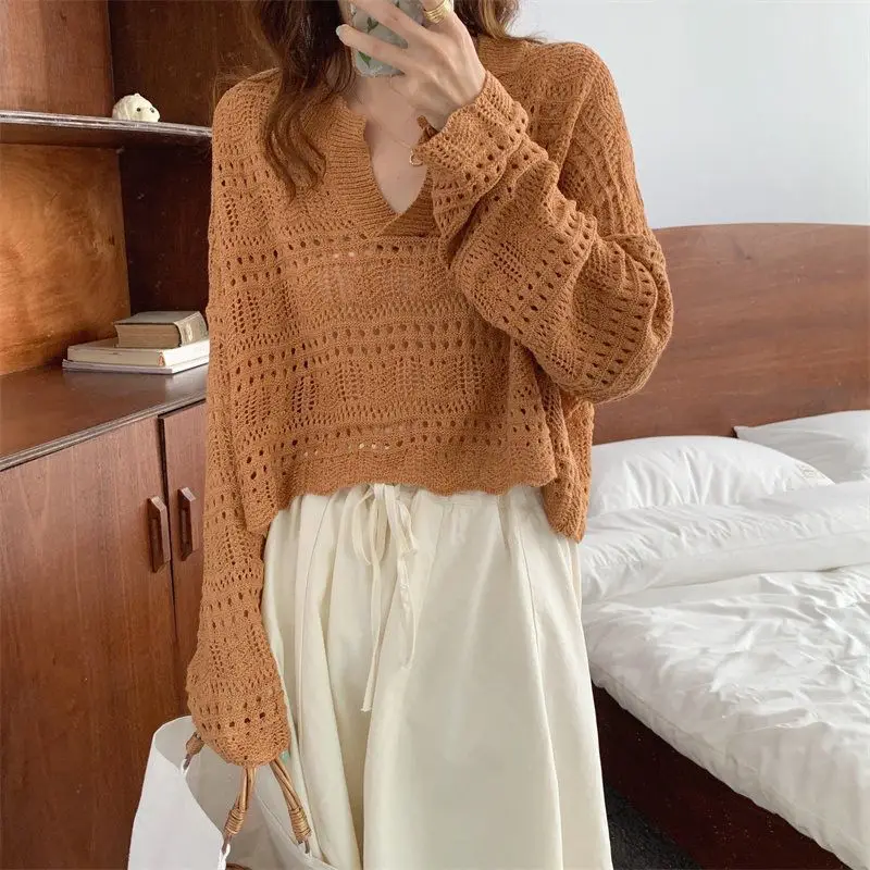 Autumn and Winter Women's Pullover Polo with Perforated Solid Color Hollow Long Sleeve Sweater Knitted Bottom Elegant Tops