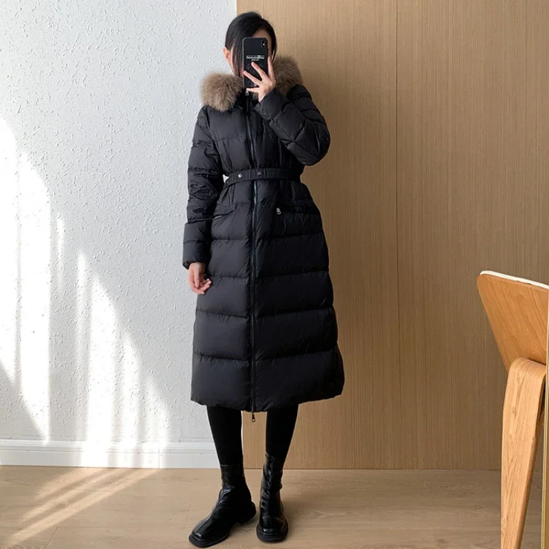 New Winter Women Large Real Fox Fur Collar Hooded Down Jacket Long Luxury High Waist Puffer Coat Thick Warm Windproof Snow Parka