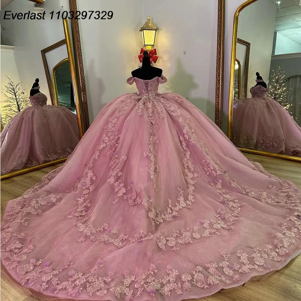 

EVLAST Pink Off Shoulder Beading Crystal Quinceanera Dress Ball Gown 3D Flowers Appliques Lace Sweet 15 Vestidos De Años TQD836