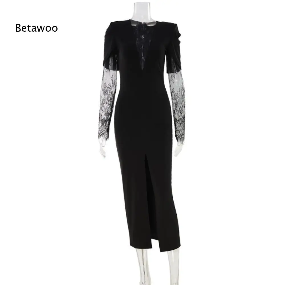

Sheer Floral Lace Sleeve Bodycon Midi Dress Structured Shoulder Front Split Hem Elegant Night Out Dress