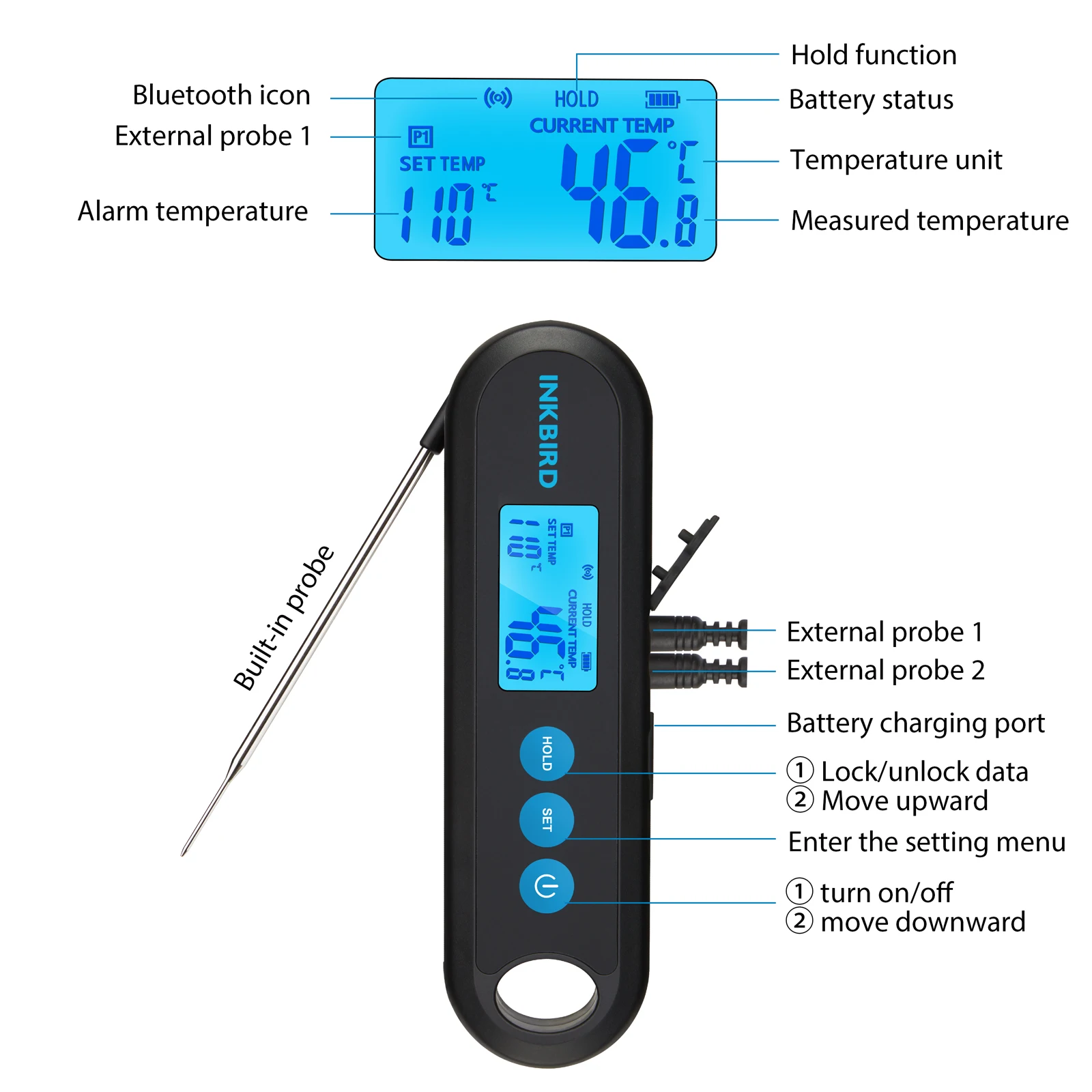 Imagem -02 - Inkbird-termômetro de Carne Bluetooth com Sondas Externas Usb Recarregável Retroiluminação Comida Culinária Iht2pb