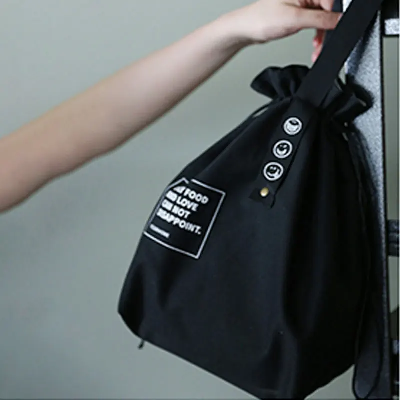 1pc Simple Binding Mouth Webbing Insulated Lunch Bag Japanese Cotton And Linen Industrial Style Canvas Picnic Lunch Bag