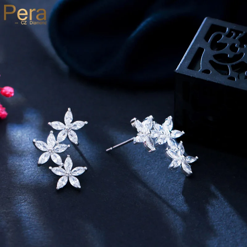 Pera Delicate Leaf Flower Shape White Cubic Zirconia Korean Style Silver Plated Stud Earrings for Women Mother's Day Gift E125