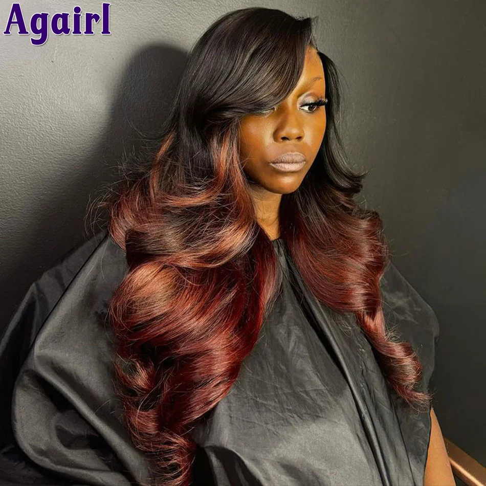 

Black Root Ombre Reddish Brown Ready Go Body Wave Human Hair Wig Transparent Lace 13X4 13X6 Front Wig PrePlucked 6X4 Closure Wig