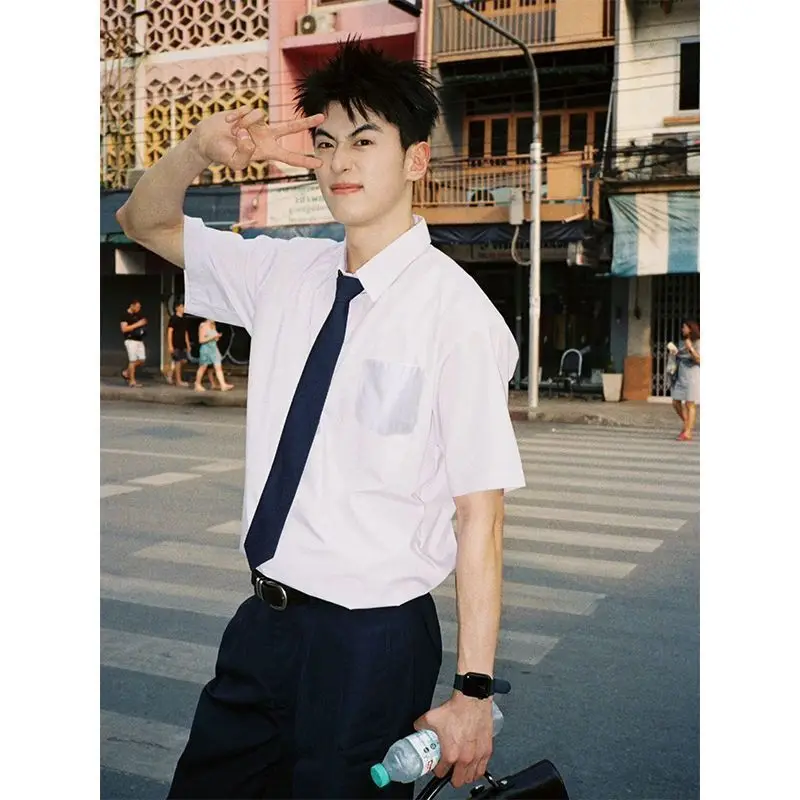 Menl White Short Sleeve Shirt College Style DK Uniform Cleanfit Shirt Jacket DK uniform school uniform