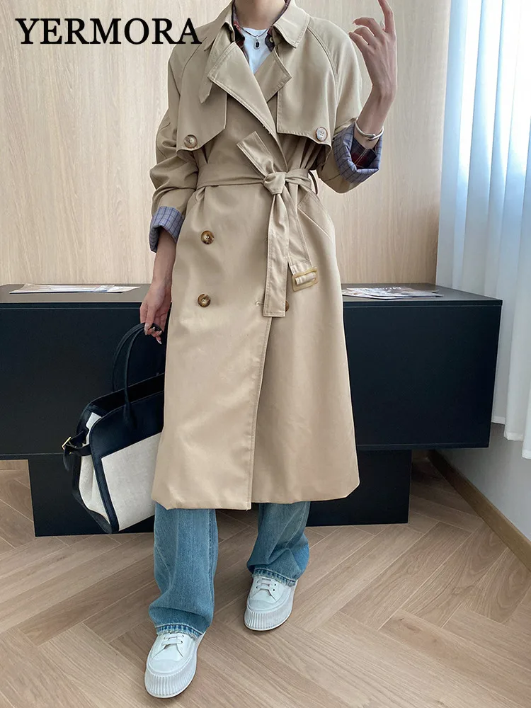 

YERMORA Khaki Double-breasted Belted Casual Trench For Women Lapel Long Sleeve Loose New Windbreaker Fashion Spring Autumn 2025