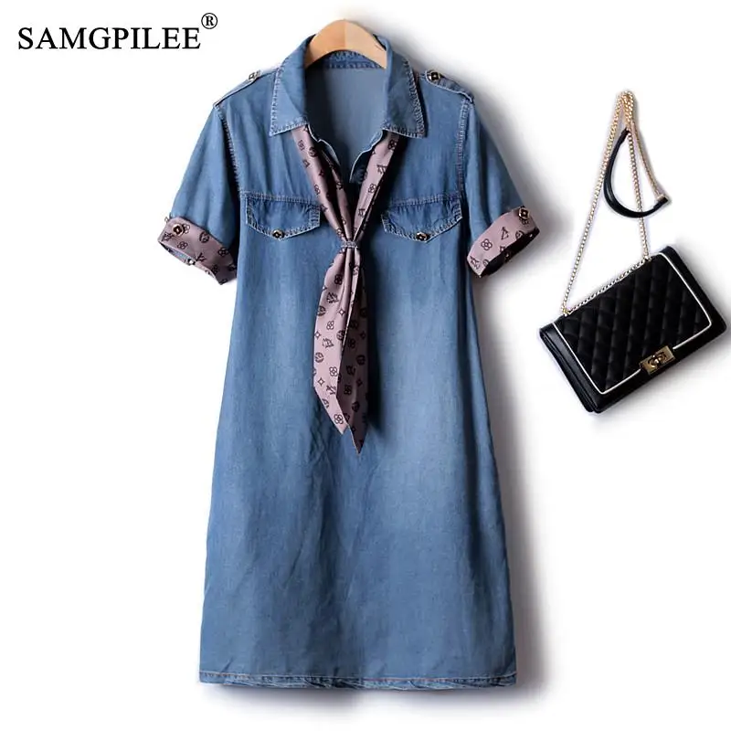 

European Station Retro Denim Female Dress Silk Scarf Decorative Collar Drape Thin Short Sleeved Mid-length Casual Women Dresses