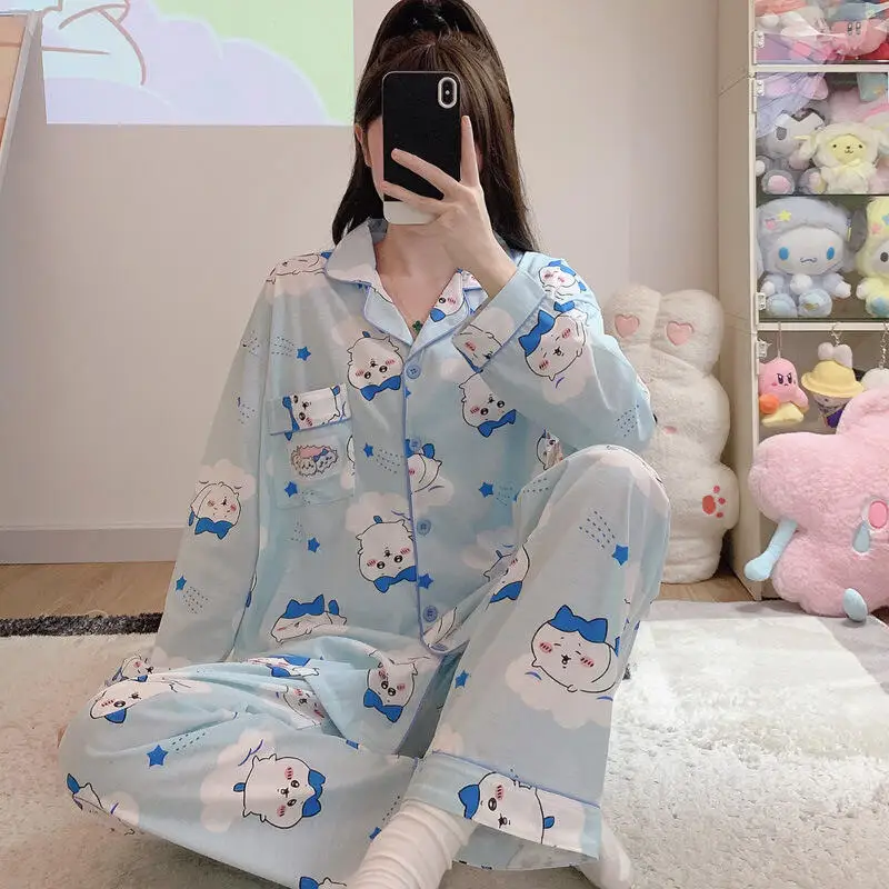 

2Pcs Kawaii Cartoon Chiikawa Pajama Set Women's Long Sleeve Button Cotton Sleepwear Cute Anime Hachiware Loungewear Two-Piece