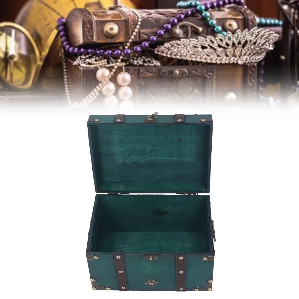 Wood Treasure Chest Storage Box Metal Clasp Large Antique Storage Trunk Hinged Lid Wooden Jewelry Box For Movie Props