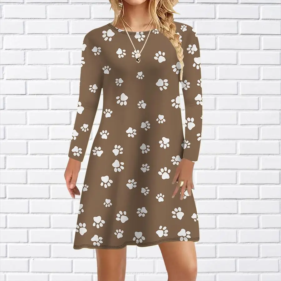 เดรสลายรอยเท้าแขนยาวสำหรับผู้หญิง สไตล์ลำลอง ออกงาน ฤดูใบไม้ร่วง ฤดูหนาว คอกลม ทรงหลวม ทรงเอ ไซส์ใหญ่ เดรสฤดูใบไม้ผลิสำหรับผู้หญิง