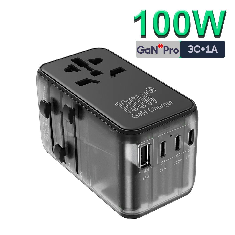 UTBVO Universal Travel Adapter 100W GaN Wall Fast Charger with UK/EU/AU/US Plugs, 3USB-C PD & 1USB-A QC International Adaptor