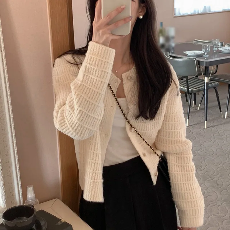 Cardigan Loose Knitted Sweater Retro Round Neck Fragrant Style Textured Weaving Casual Autumn and Winter Long Sleeved Top