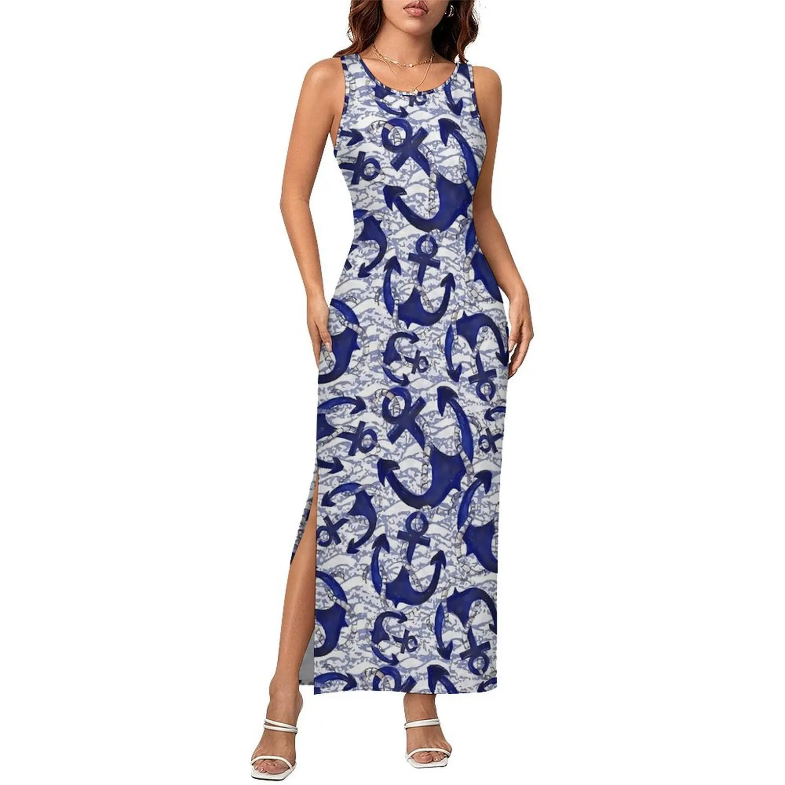 Nautical Navy Blue Anchor Dress Sleeveless  Street Fashion Maxi Dresses Club Party Bodycon Dress Woman Custom Big Size Vestido