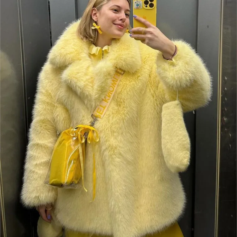 

2025 Women's Winter Faux Fur Jacket Mid-Length Oversized Faux Fox Fur Coat Warm Plush Fur Outwear Thicken Fluffy Jacket Tops