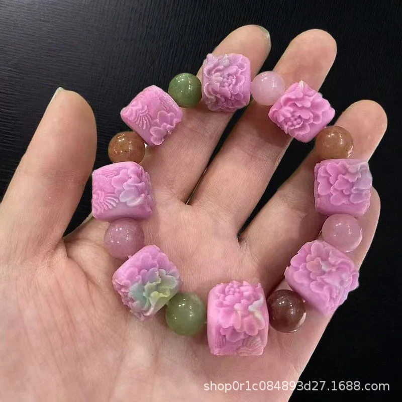 

Imitation Yanyuan Agate , Patterned Beads, Buddha Pixiu Peony Flower Elephant Bracelet, Pink-Green
