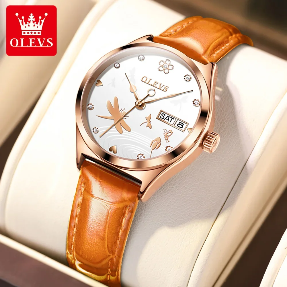 OLEVS Automatic Mechanical Watch for Women Luxury Leather Strap Dragonfly Skeleton Dial Fashion Women\'s Wristwatches Reloj Mujer