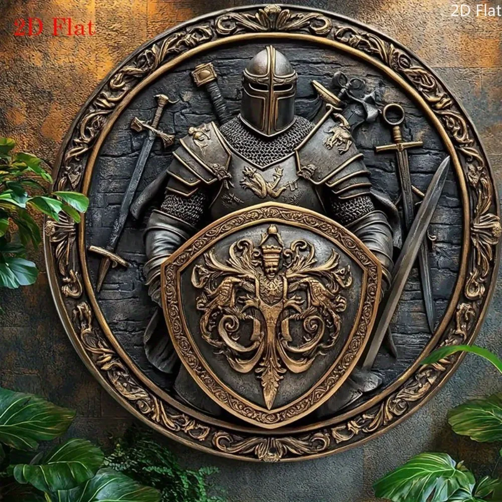Medieval Knight Shield & Sword Aluminum Wall Art | 8x8 Inch Vintage Armor Decorative Plaque