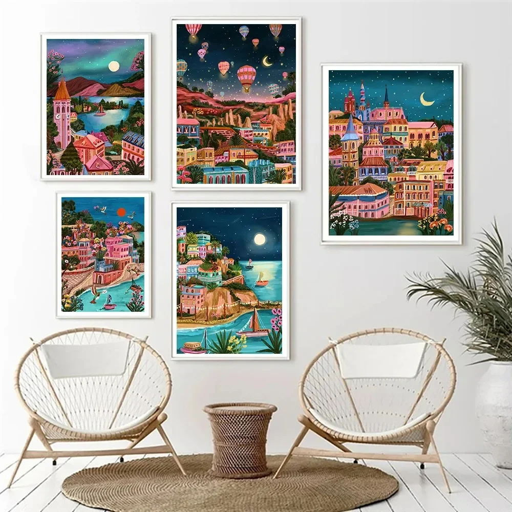 مدن السفر جمهورية التشيك براغ سويسرا إيطاليا الجدار ملصق فني ضوء القمر طباعة لغرفة المعيشة ديكور المنزل قماش اللوحة