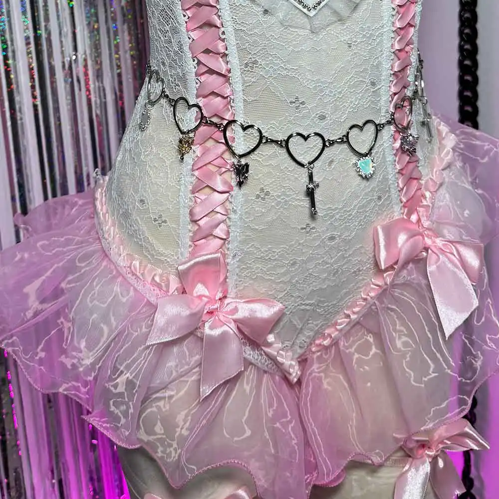 القلب في سن المراهقة Harajuku القوس القوطية Y2K القمم 90s ايكو ملابس للنادي لتقوم بها بنفسك يدوية ايمو الرقمية الهيب هوب E-الفتيات الجرونج الصليب القوطي Kawaii