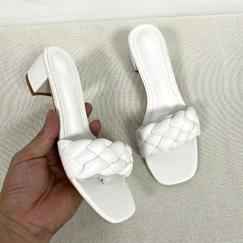 2022 Summer Square Heel 5cm High Women Slippers Outside Shoes Weave Open Toe Fashion Slides Woman Solid Leather Summer Shoe