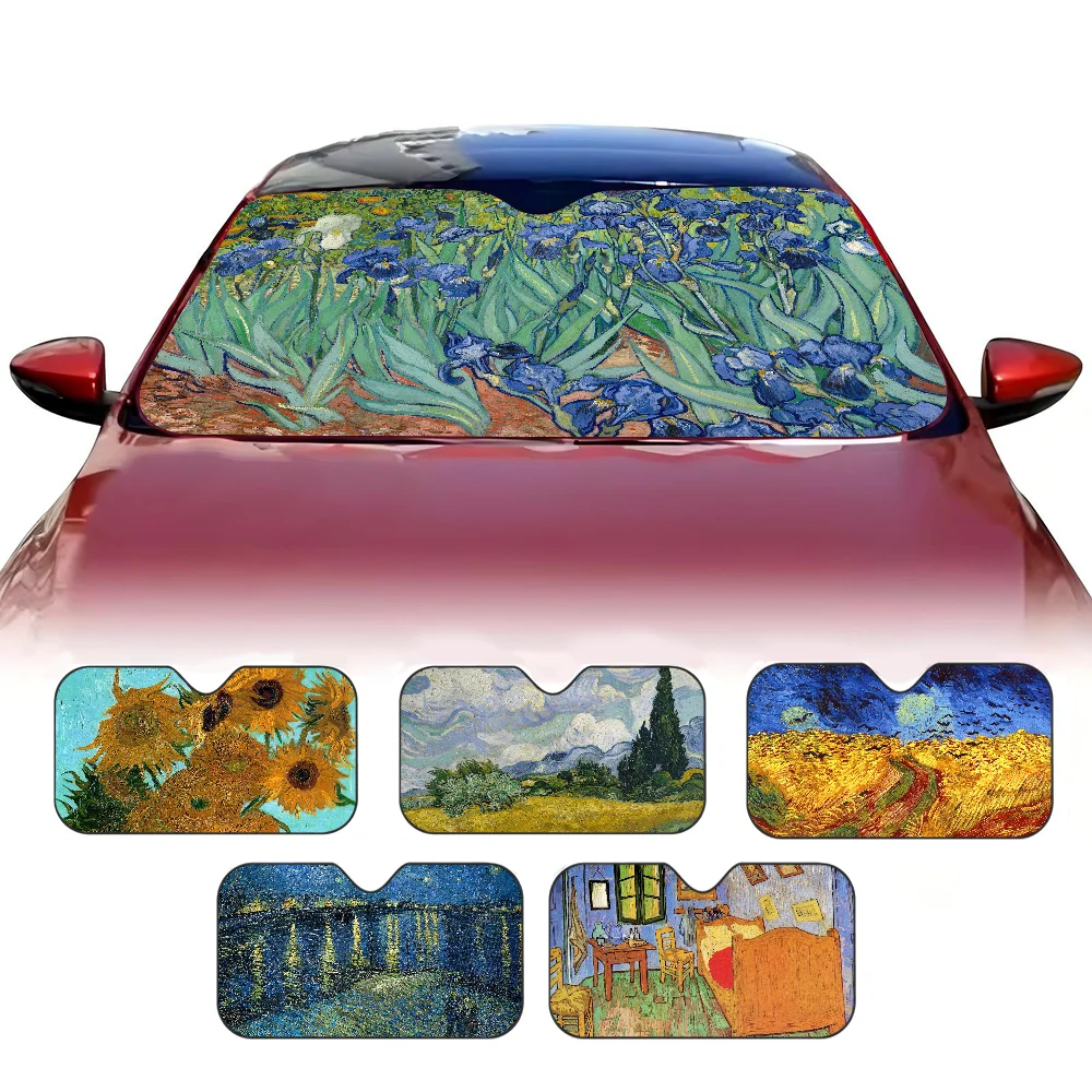 

Van Gogh Oil Painting Art Foldable Front Windshield Sunshade 70x130cm Anime Cartoon Foils Car Sun Visor Sun Shade Protect