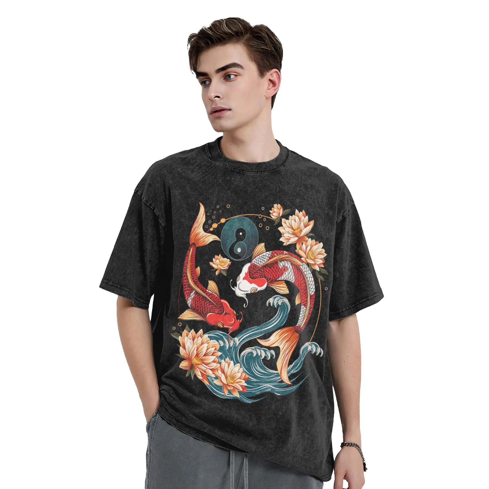 Japanese Koi Fish Lotus Flowers T Shirt Washed Cotton Harajuku T-Shirt  Vintage Men Women Streetwear Summer Tee Shirt