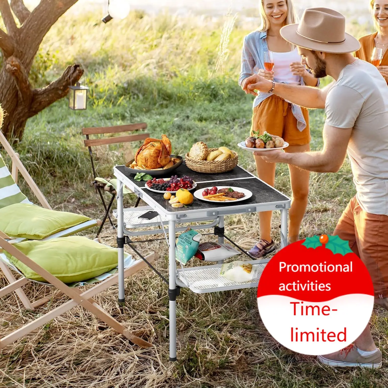 

Folding Camping Table 3ft, Large Camp Table Portable with Extra Side Racks & Storage Net, Folding Picnic Table, Outdoor Patio Ta