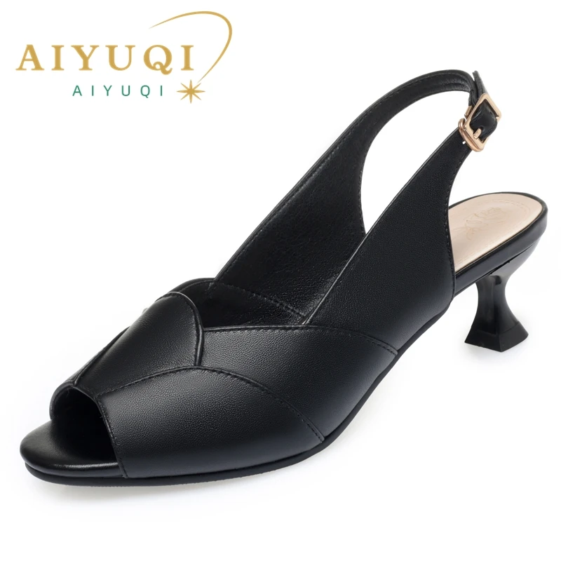 AIYUQI Sandals Women Summer 2024 New Genuine Lenther Block Heel Rear Space Large Size 41 42 43 Fashion Mid Heel Women Sandals