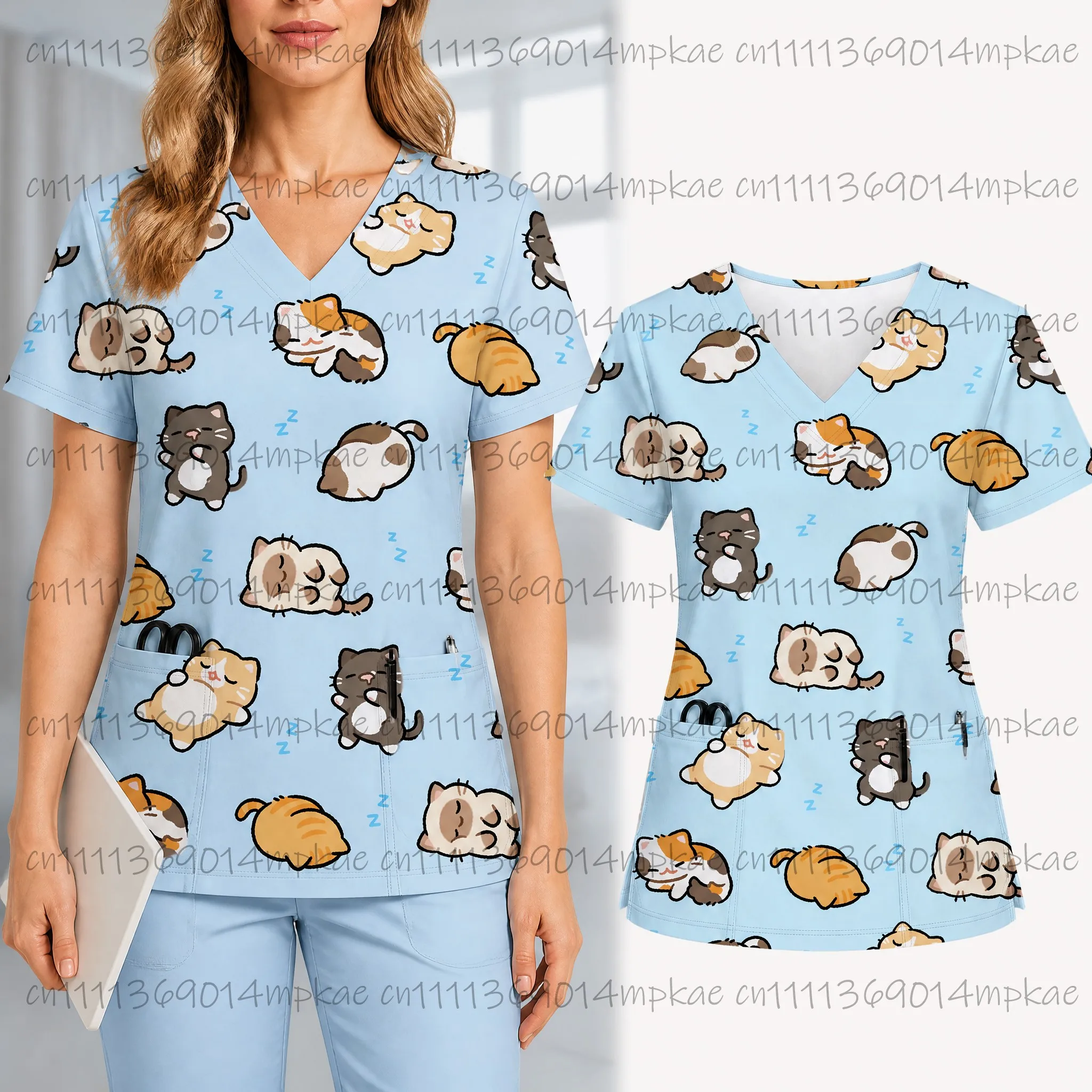 2026 New Summer Women's Cartoon Floral Print Nurse Top Casual V-neck Short Sleeve Frosted Top with Patch Pockets Nurse Uniform