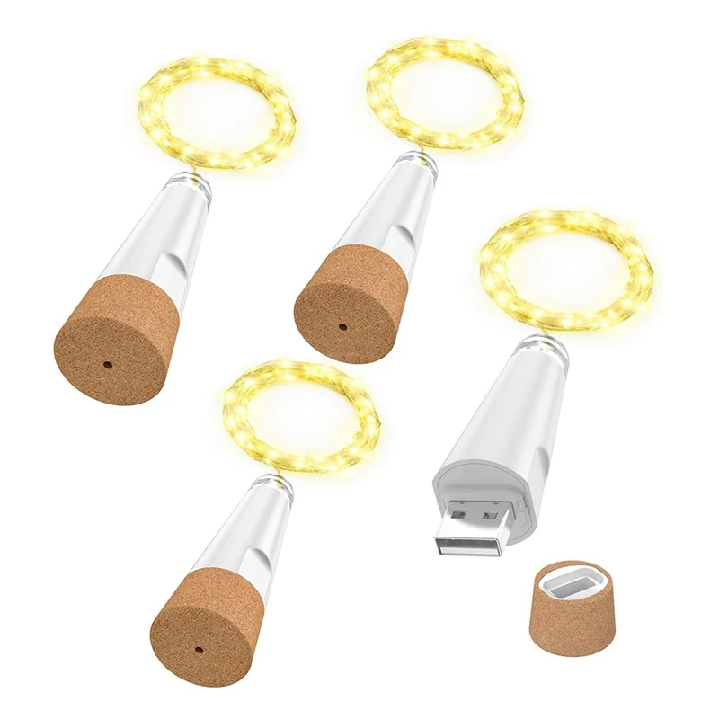 

A19F-Винные фонари для бутылок с пробкой, перезаряжаемые через USB гирлянды для бутылок с ликером, 20 светодиодных гирлянд, провод, 4 шт.