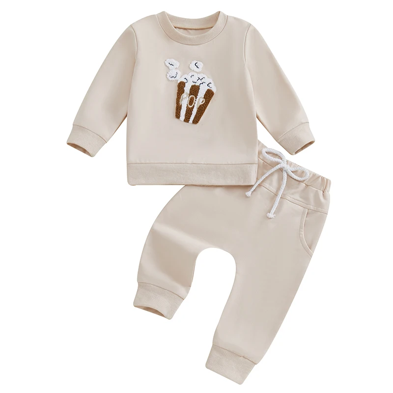 Toddler Boys Fall Outfits Popcorn Embroidery Long Sleeve Sweatshirts and Long Pants 2Pcs Clothes Set