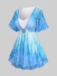 ROSEGAL Plus Size Rose Mesh Flower Buckle Lace Trim Ruffles Ruched Flutter Sleeve 2 In 1 T-shirt 2024 New Women's Tops