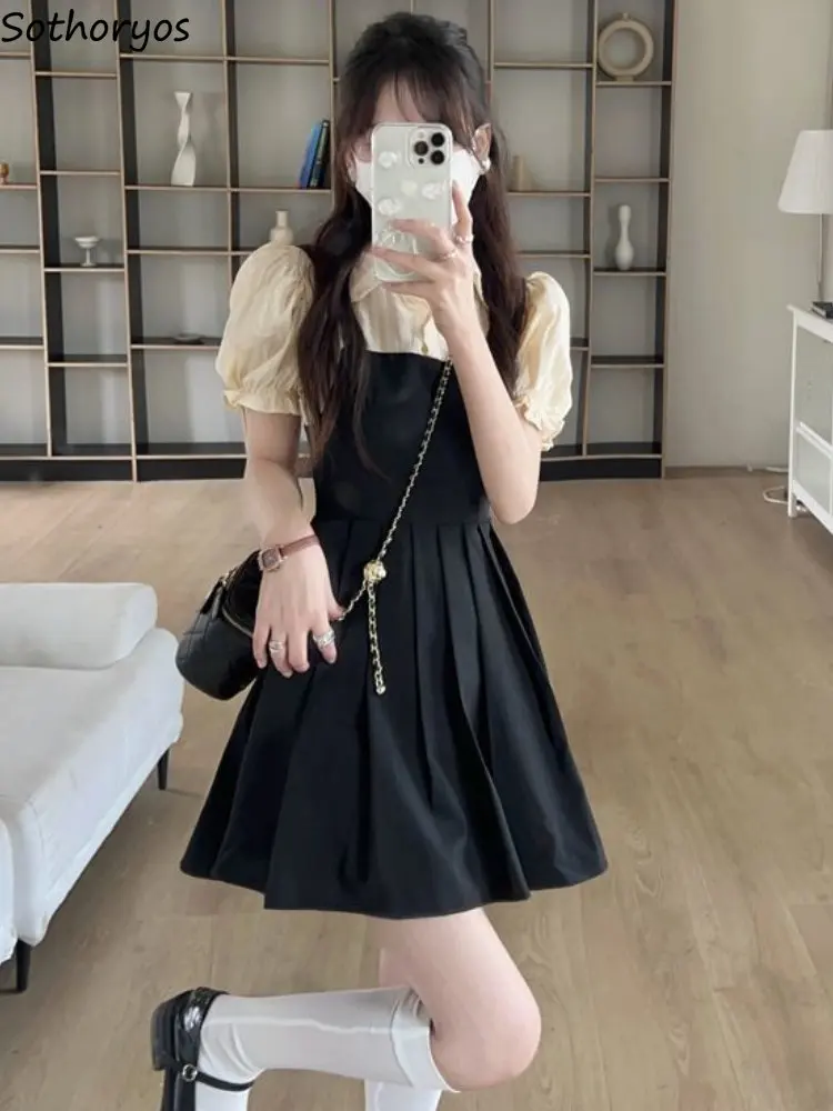 Sukienka damska szczupła studencka codzienna linia A lato koreański styl Kawaii patchworkowa moda prosta na co dzień bufiaste rękawy Retro powyżej kolana