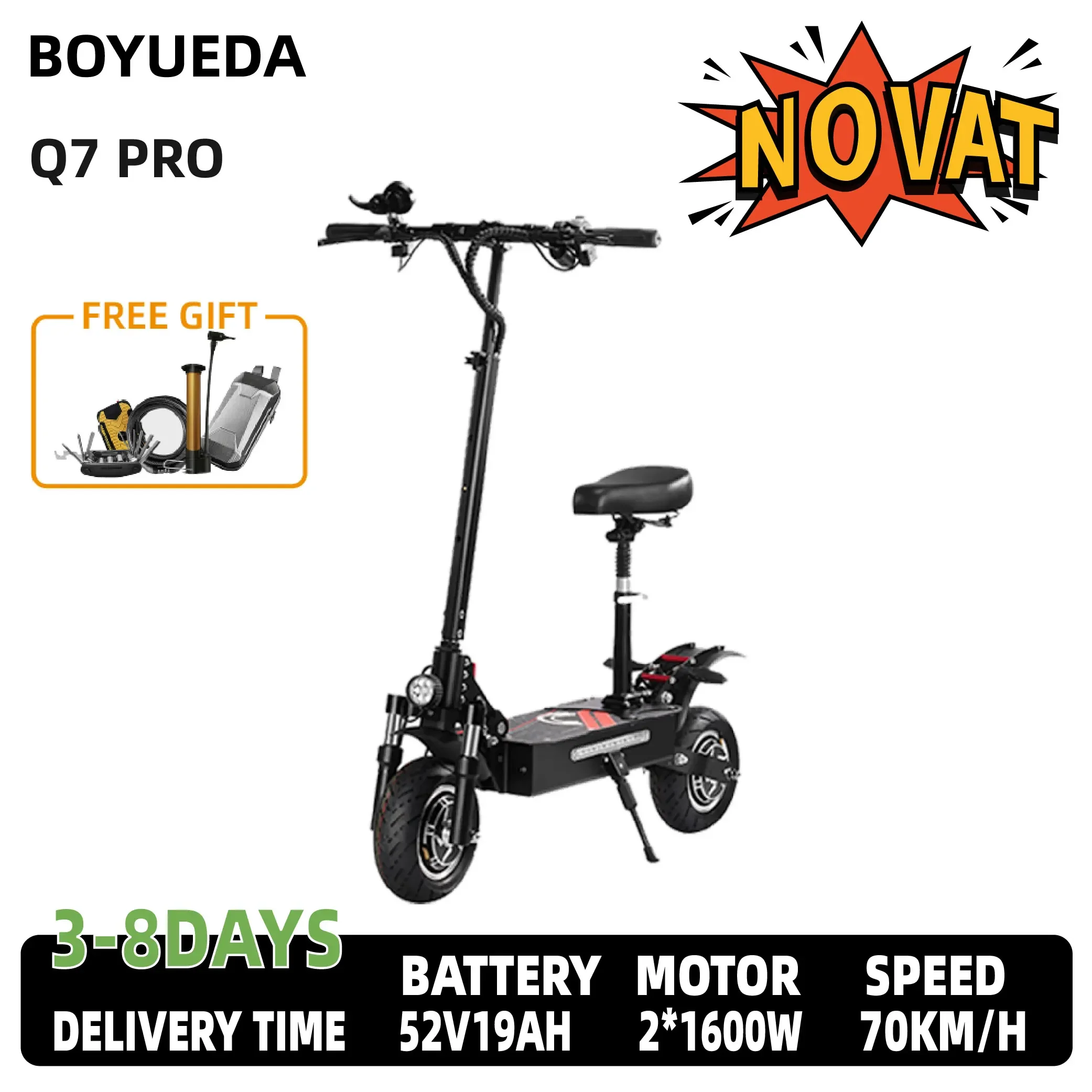 Trottinette électrique pliable BOYUEDA Q7PRO 3200W à double moteur 52V19AH, 10 pouces, haut de gamme, tout-terrain
