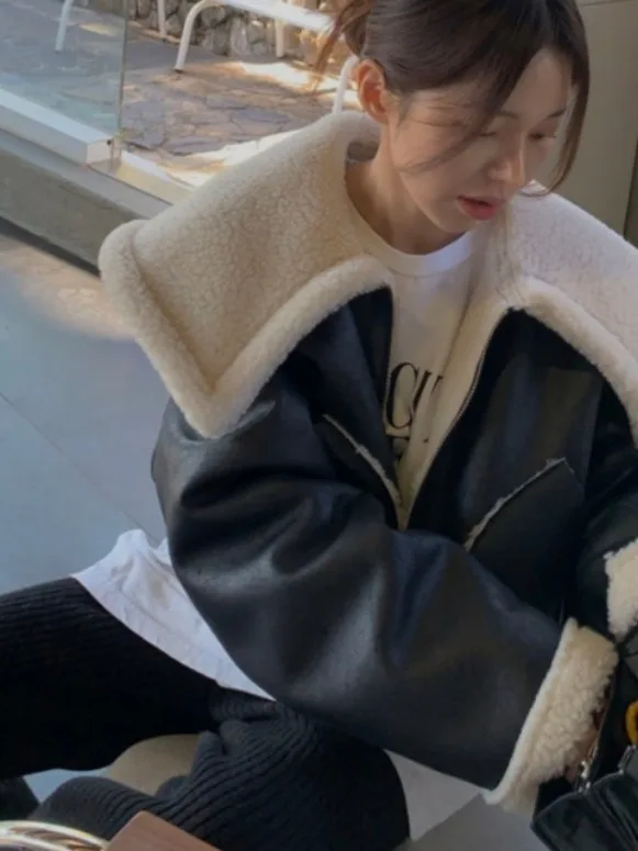 

Retro Hong Kong Sle Double-Sided Wear Large Collar Fur Collar Casual Zipper PU ort Jaet Women's High-End Feel Coat