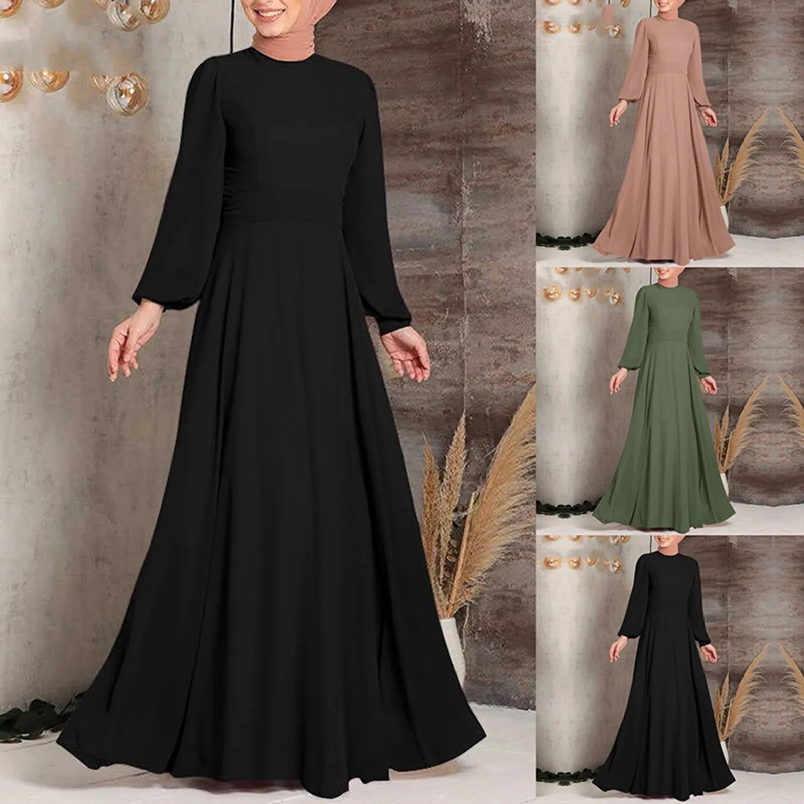 Fashion Djellaba Muslim Dress Dubai Full Length Puff Sleeve Soft Loose Abaya Dubai Turkey Muslim Islam Robe