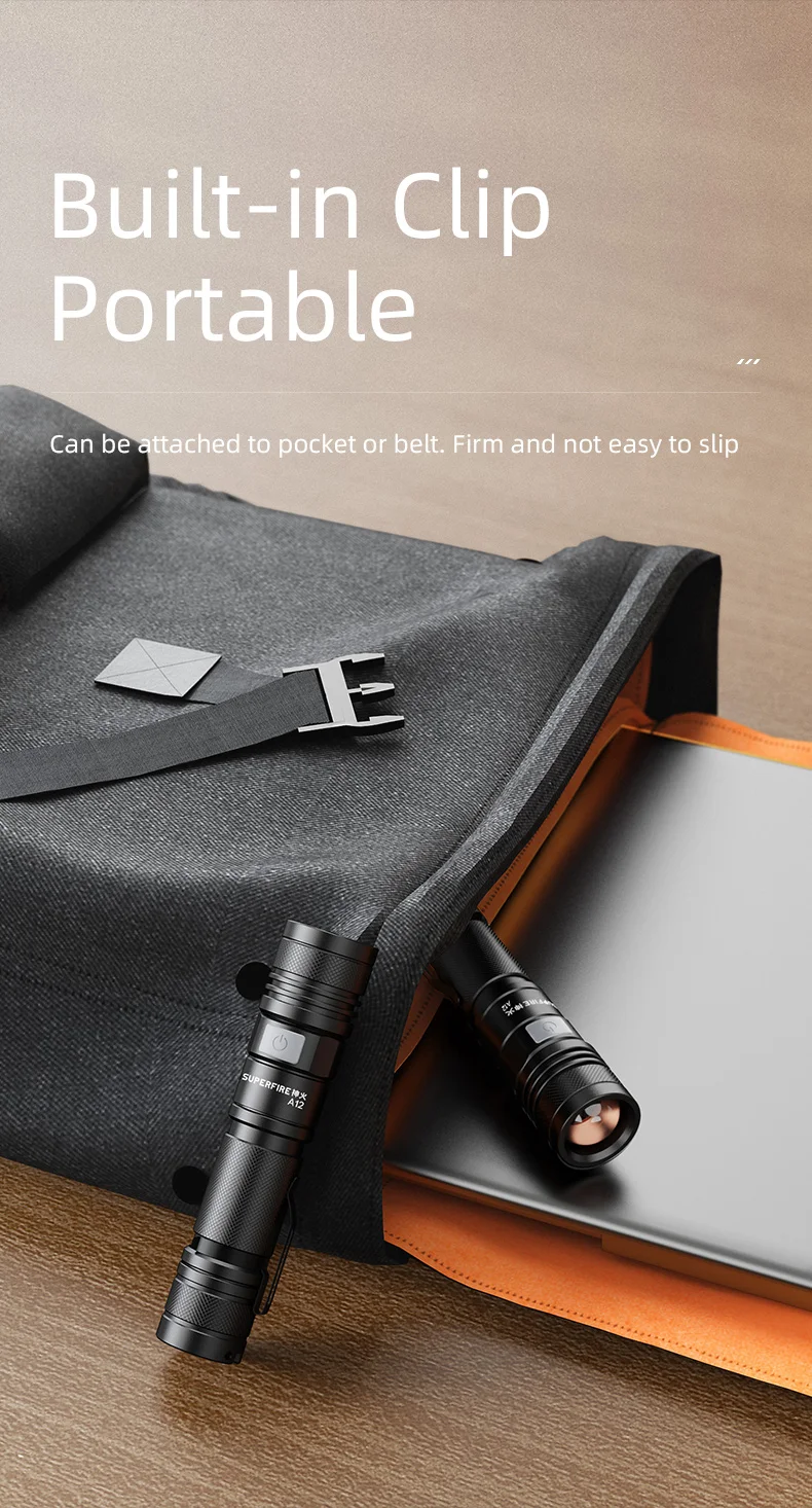 SUPERFIRE A12 Hochleistungs-LED-Taschenlampe, USB wiederaufladbar, zoombar, taktische Taschenlampe, 5 Modi, wasserdicht, für Outdoor-Angellaterne – Detail 12