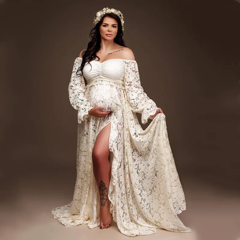 Boho Lace Maternity Photo Shoot Long Dress Maternity Photograpy Outfit Sets 2 in 1 Pregnancy Dresses For Photography