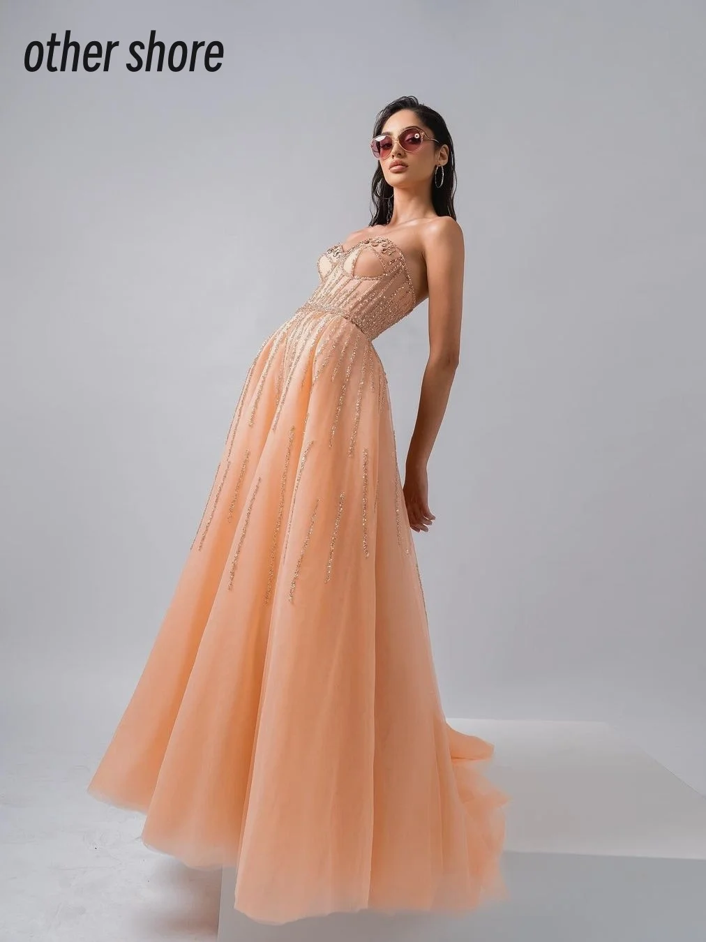 Other Shore Elegant Vintage Sexy Sweet Crystal Beading Orange Strapless Customize Formal Occasion Prom Dress Evening Party Gowns