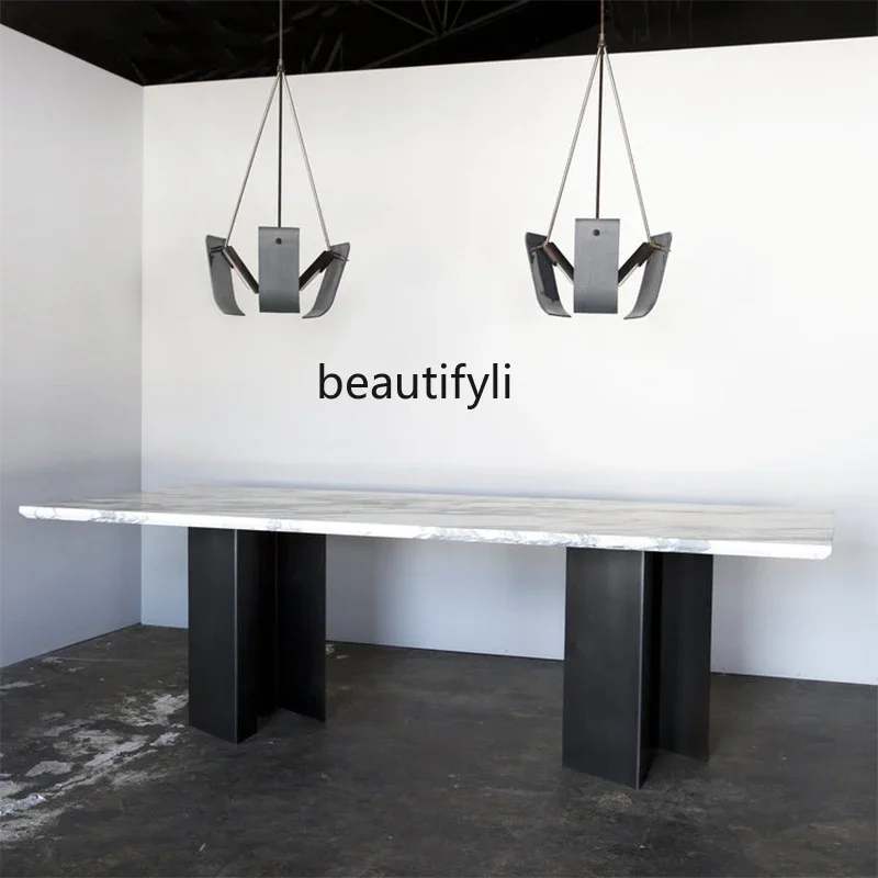 

Nordic simple dining table natural marble dining table wrought iron living room small apartment modern negotiation table