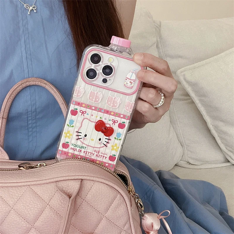 Pokrowiec na telefon Cute 3D Beverage Bottle Cartoon Pink Hello Kitty Milk do iPhone 11 12 13 14 15 Pro Max Miękkie silikonowe etui