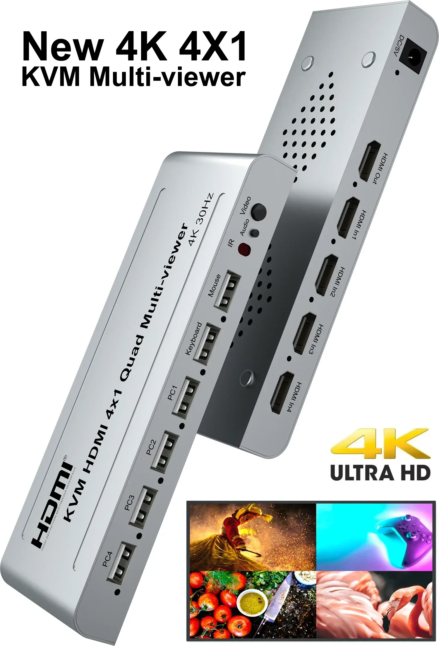 4K USB KVM 4x1 HDMI Multi-viewer 4x1 Quad Multiviewer 4 in 1 Out Seamless Switcher PC To TV Screen Divider Support Mouse Through