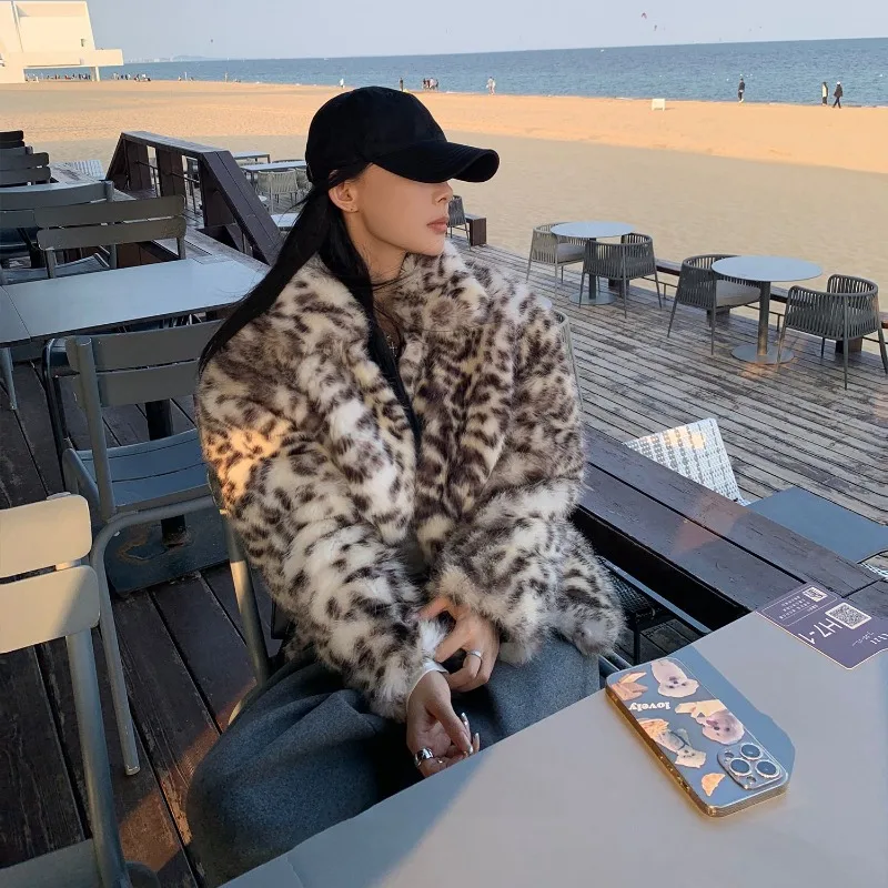 Cappotto in pelliccia sintetica con stampa leopardata moda per donna Giacca chic a maniche lunghe con colletto rovesciato di lusso femminile 2024 Capispalla autunno inverno