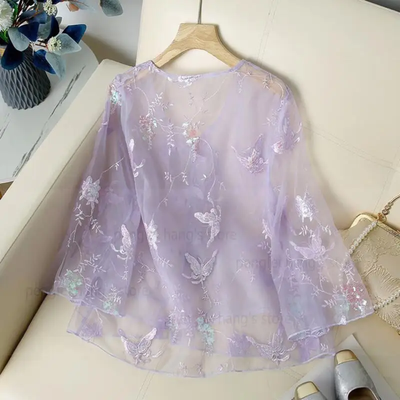New Chinese Style Hanfu Shirt Mesh Tang Clothes Summer Sun Protection Cardigan Vintage Button Down Chesongam Top Embroider Coat
